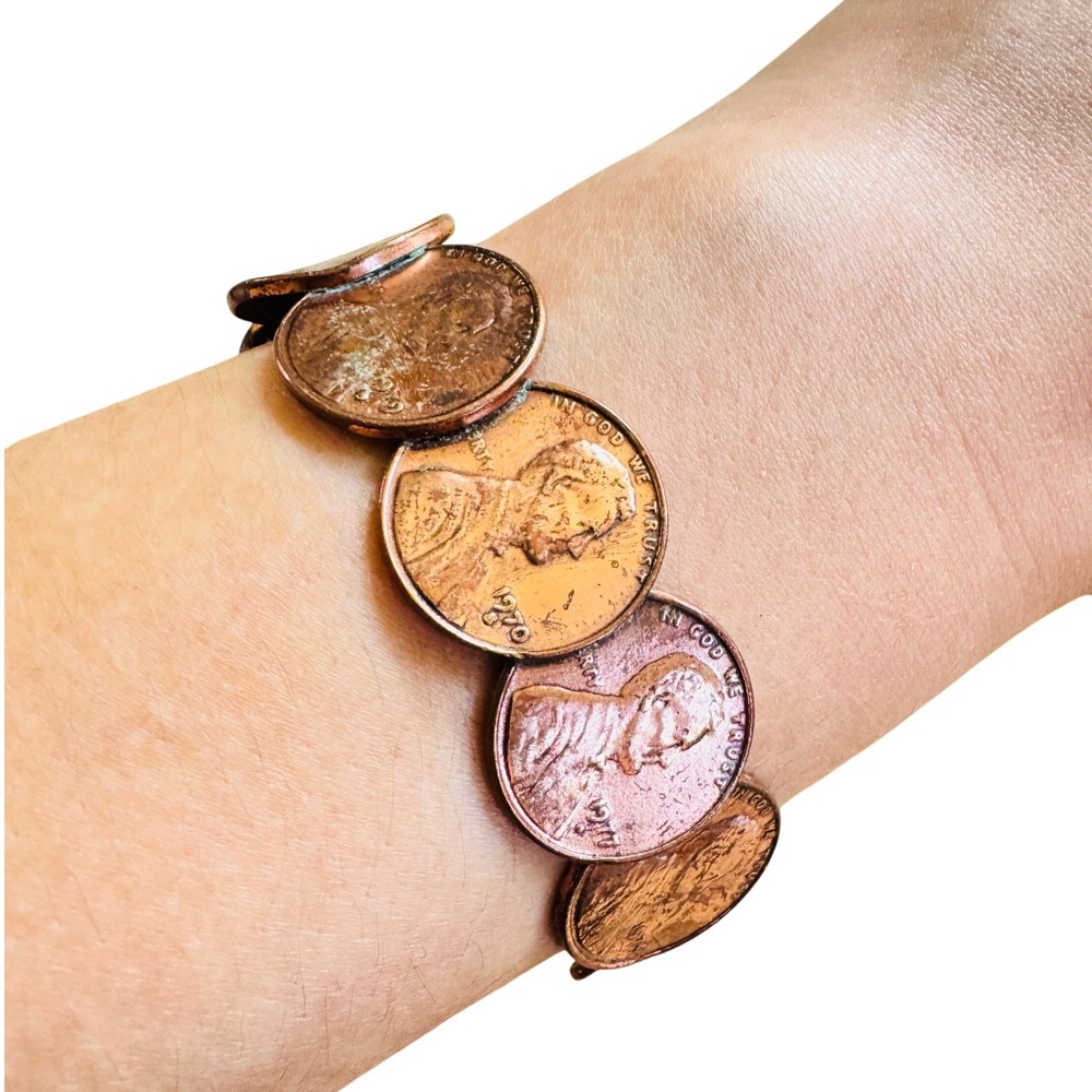Coin Good Luck Penny Cuff Bracelet VTG Retro link Coins Copper 70s Retro Flashy
